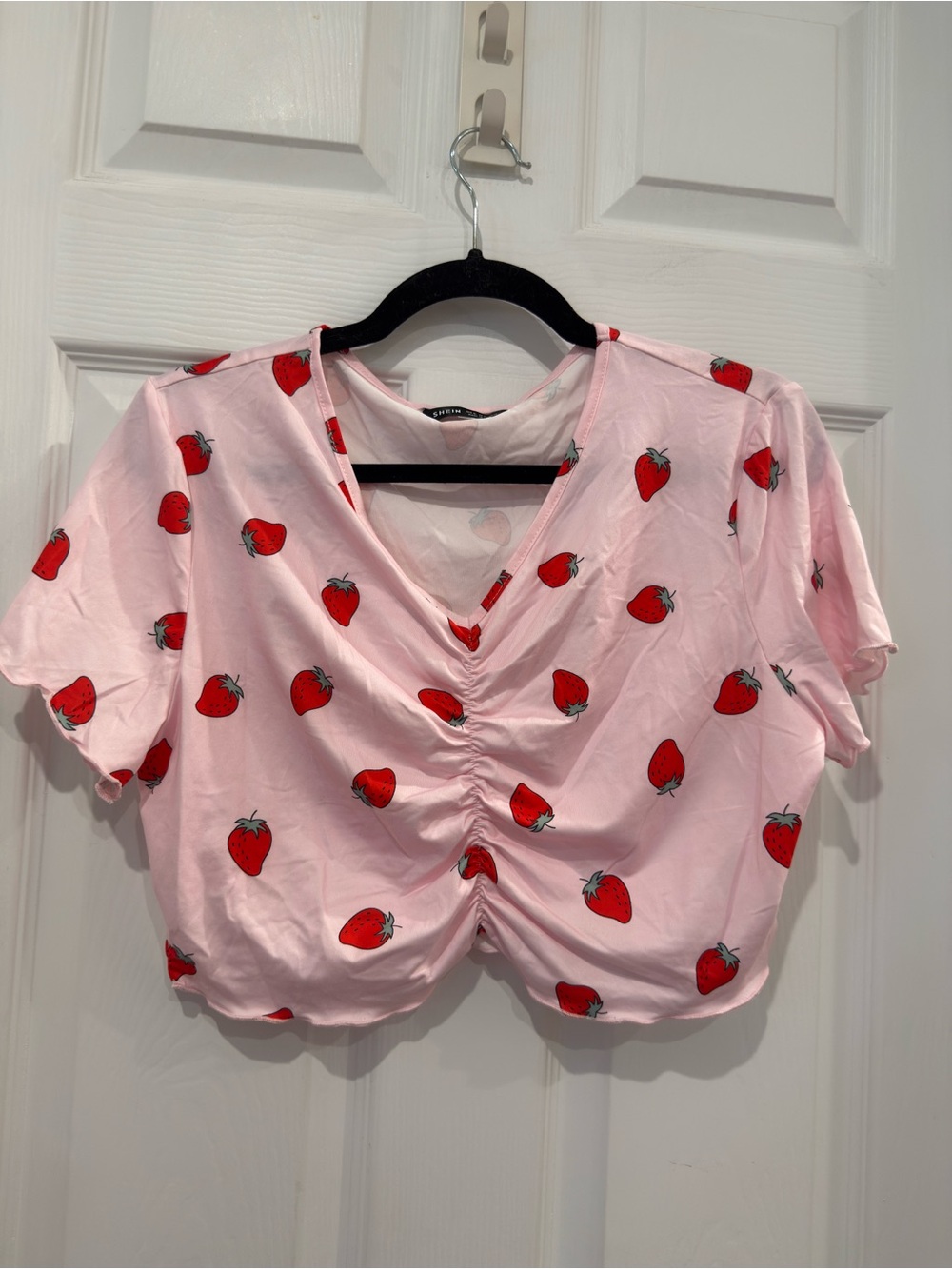 Pink Strawberry Print Ruched Front Cropped Short Sleeve Baby Tee